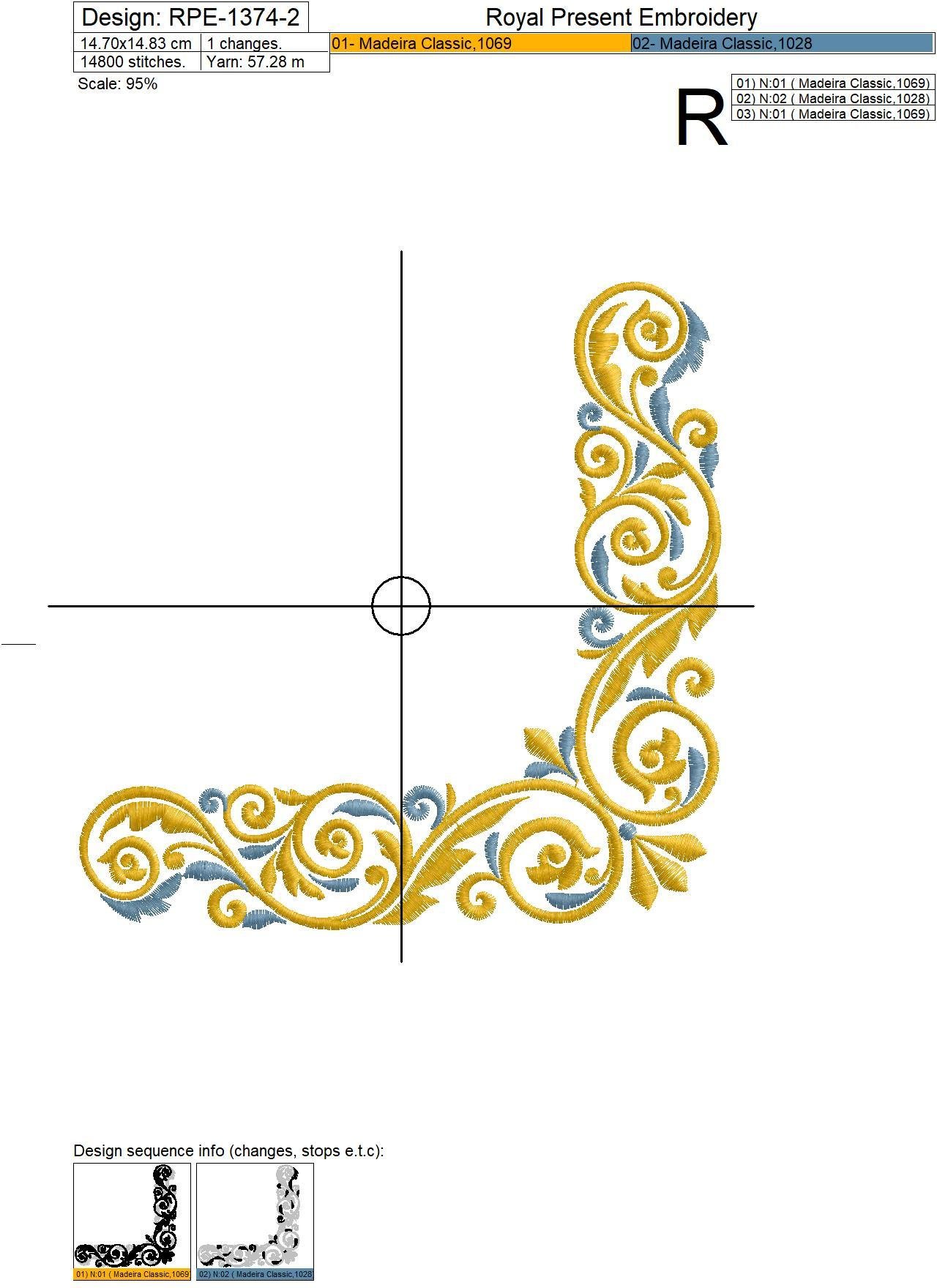 Gold with a blue Corner Machine Embroidery Design - 3 sizes