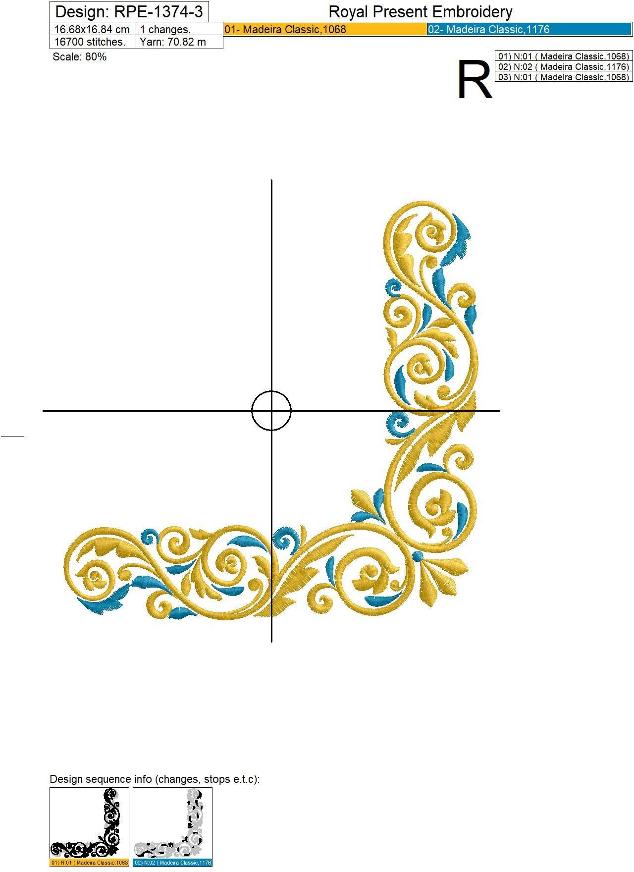 Gold with a blue Corner Machine Embroidery Design - 3 sizes