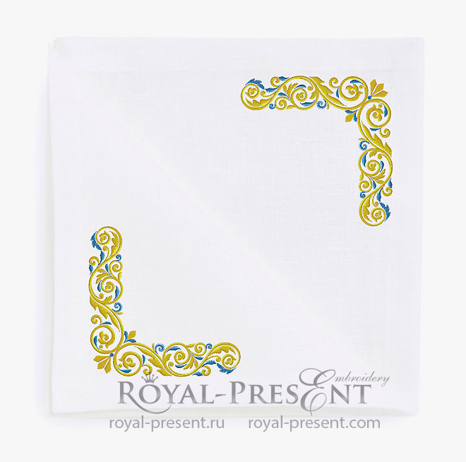Gold with a blue Corner Machine Embroidery Design - 3 sizes