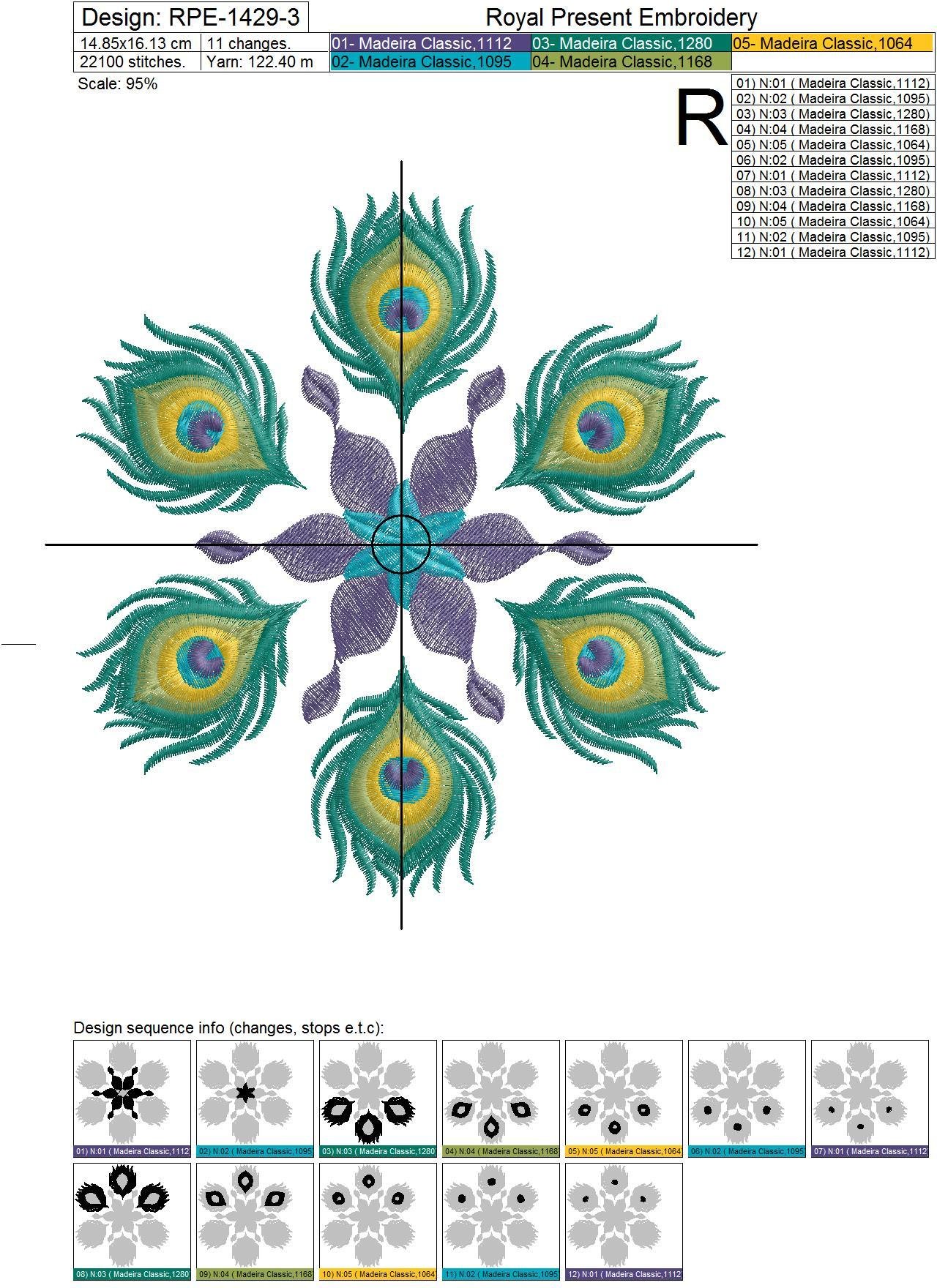 Peacock feathers Mandala Machine Embroidery Design - 3 sizes