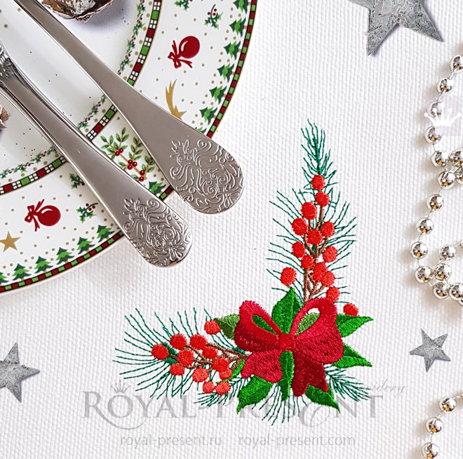 Christmas Corner Embroidery Design with bow - 2 sizes RPE-1470_5