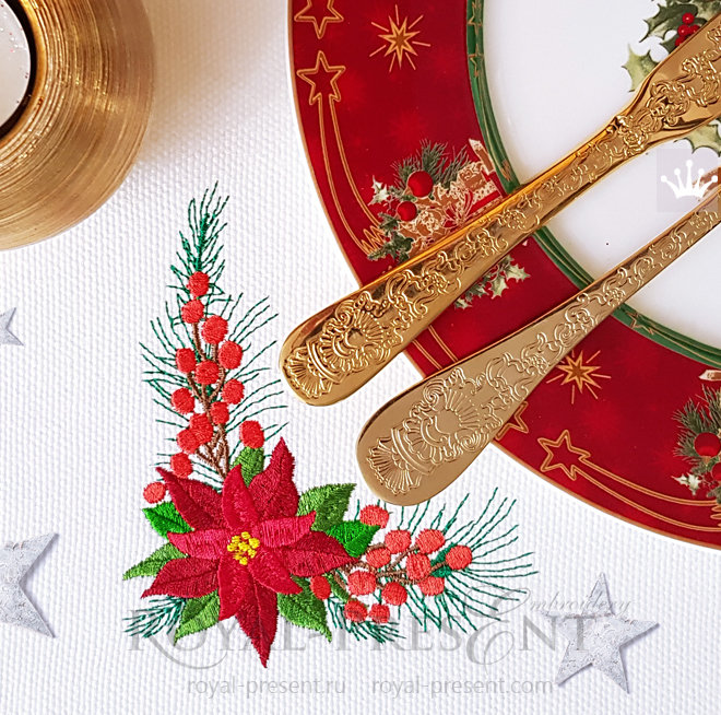 Christmas Corner Embroidery Design with Poinsettia - 2 sizes RPE-1470_6