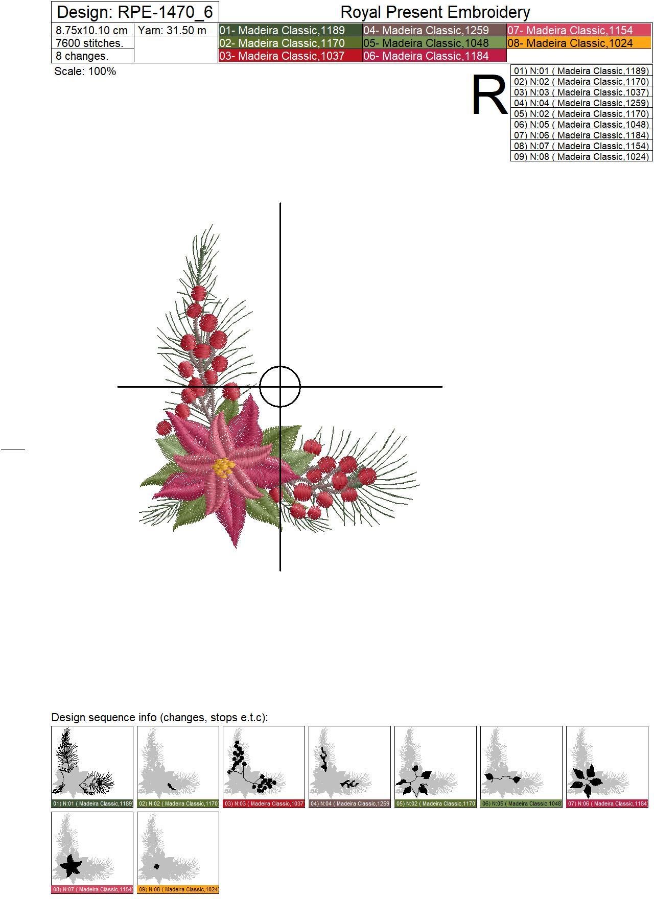 Christmas Corner Embroidery Design with Poinsettia - 2 sizes