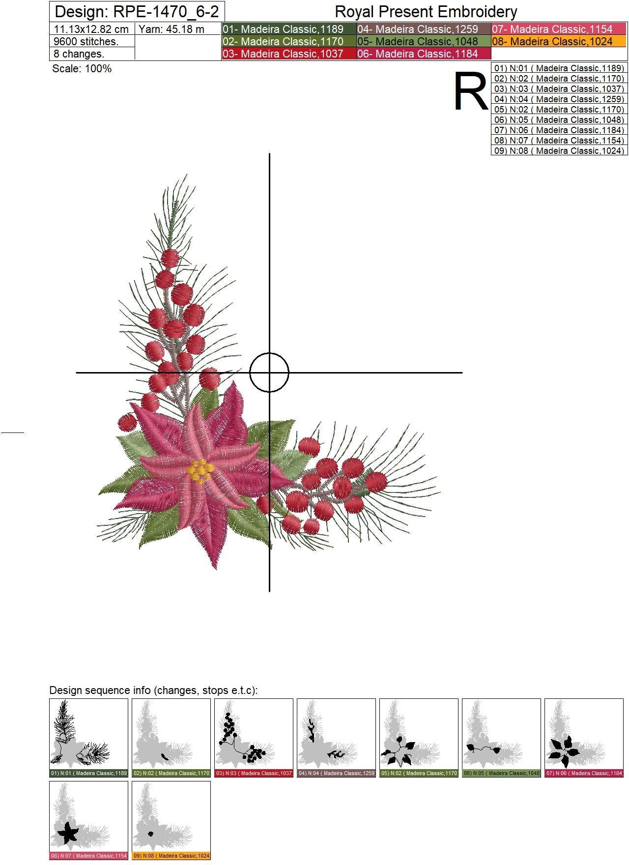Christmas Corner Embroidery Design with Poinsettia - 2 sizes