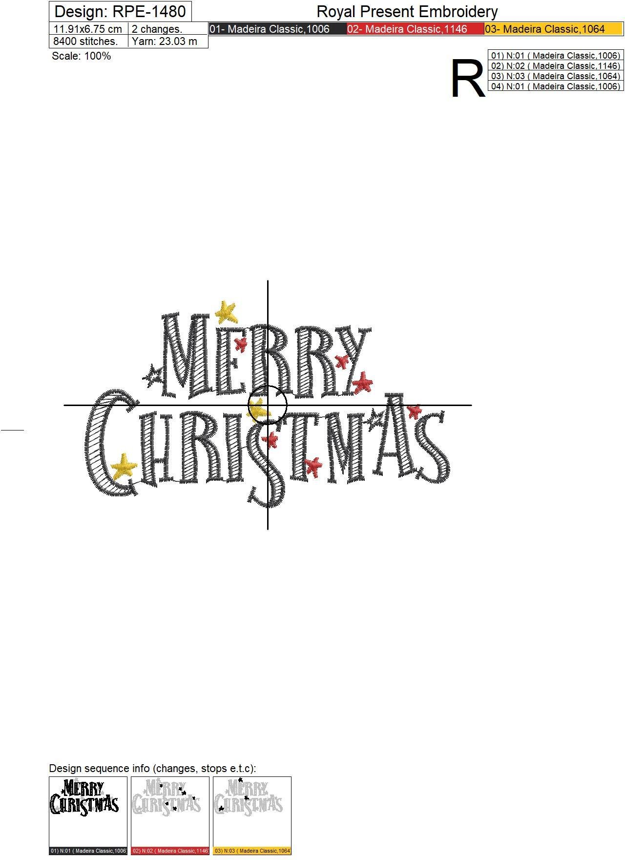 Merry Christmas inscription Embroidery Design - 6 sizes