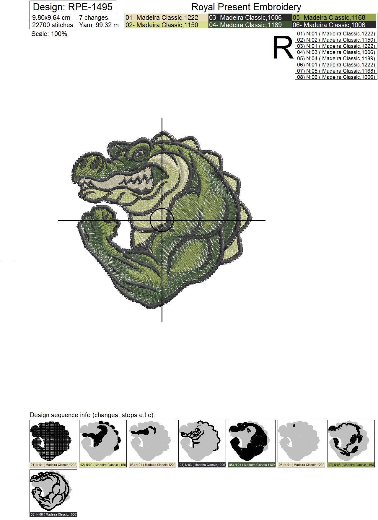 Crocodile Bodybuilder Machine Embroidery Design - 2 sizes