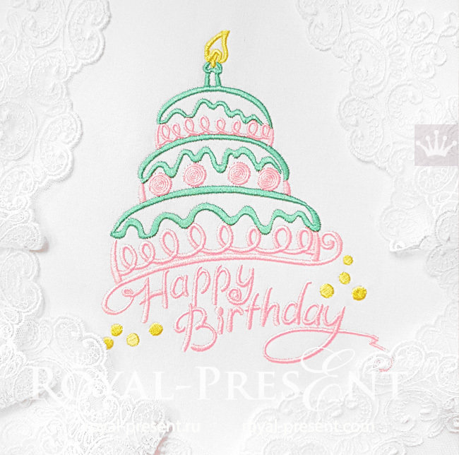 Machine Embroidery Design Happy Birthday Cake - 3 sizes RPE-606