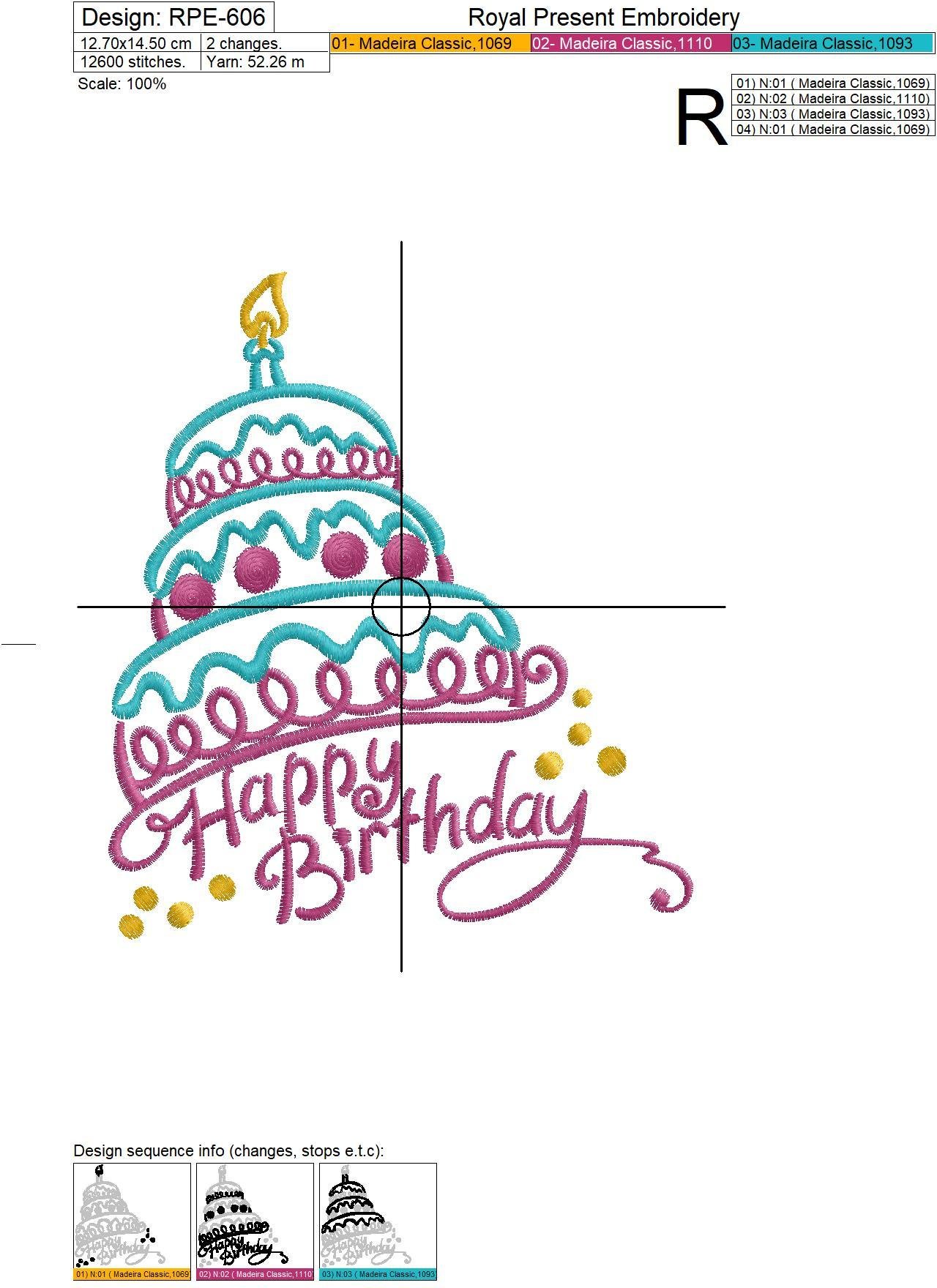 Machine Embroidery Design Happy Birthday Cake - 3 sizes