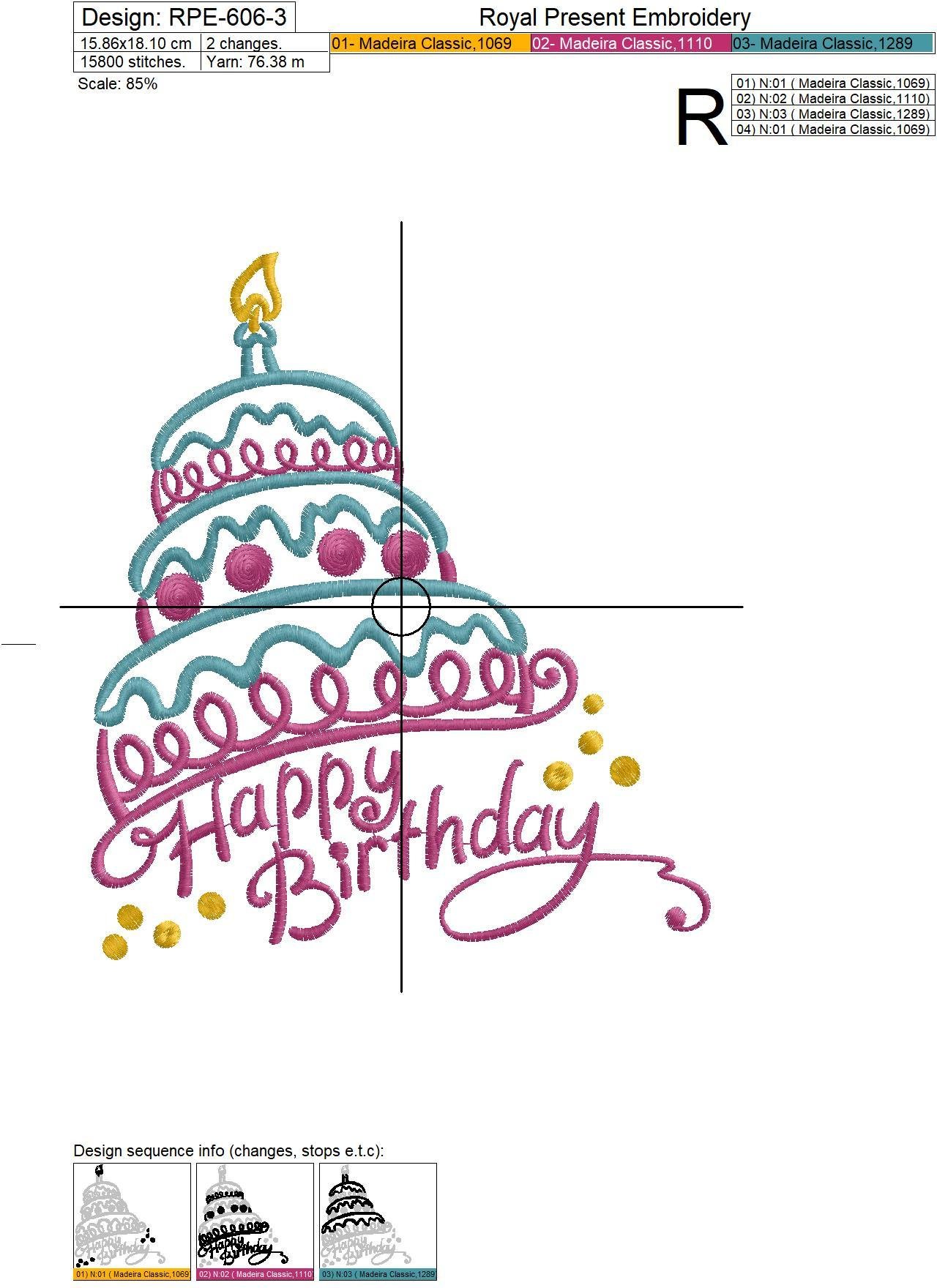 Machine Embroidery Design Happy Birthday Cake - 3 sizes