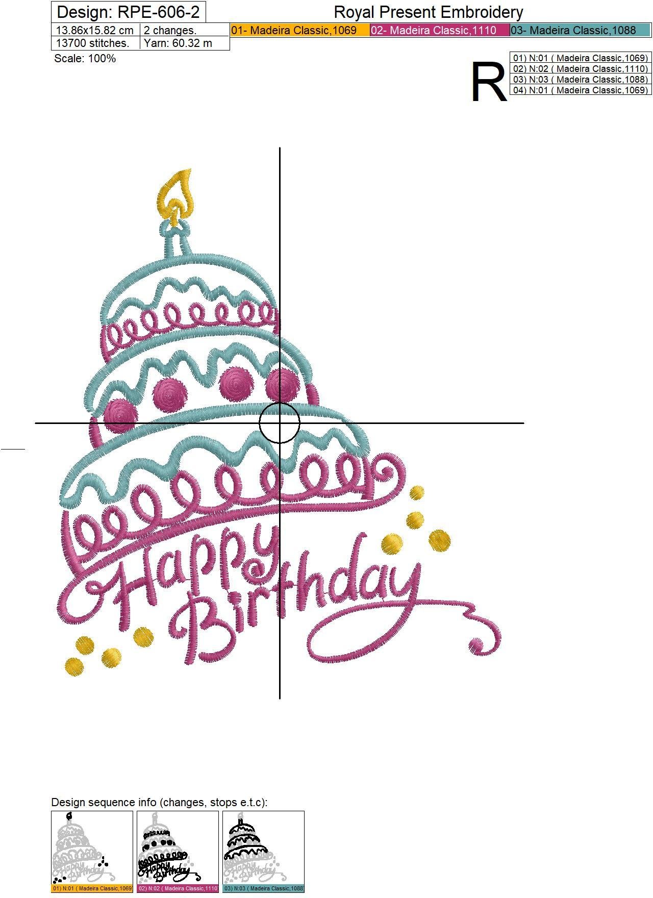 Machine Embroidery Design Happy Birthday Cake - 3 sizes