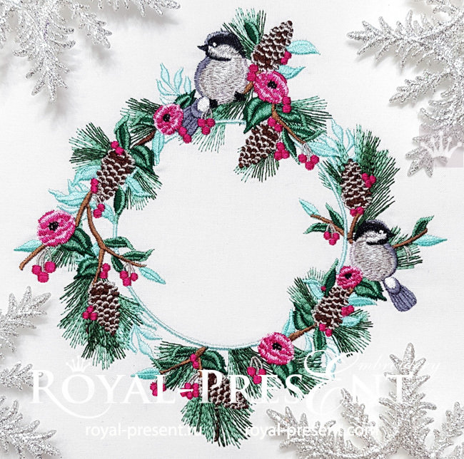 Winter Bouquet and Gray Tit Embroidery Design - 5 sizes RPE-1507