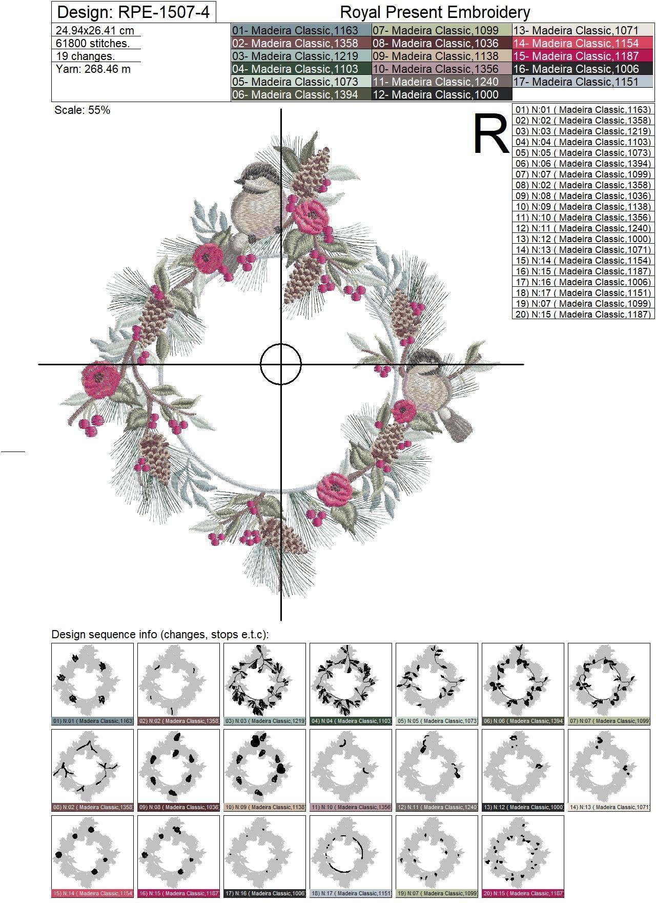 Winter Bouquet and Gray Tit Embroidery Design - 5 sizes