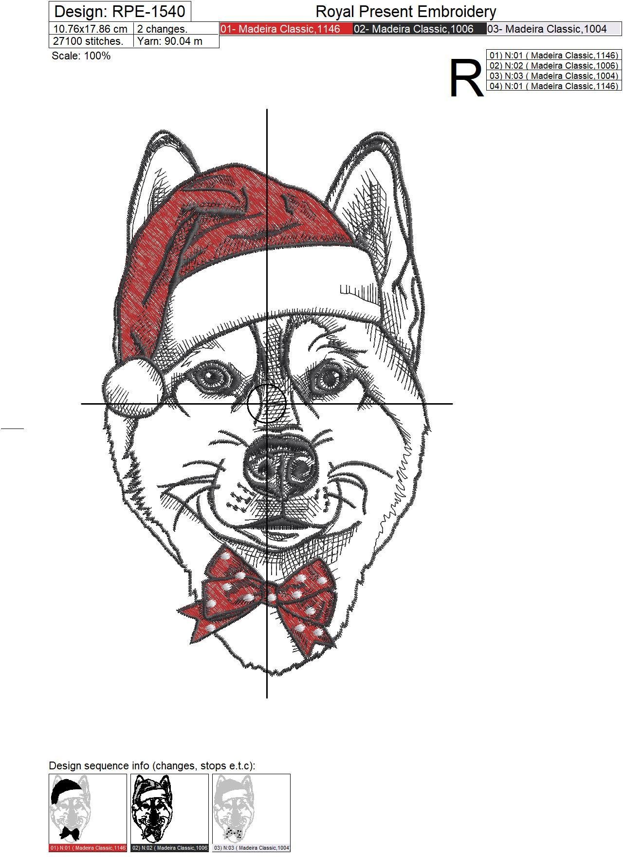 Machine Embroidery Design Christmas Husky dog - 4 sizes