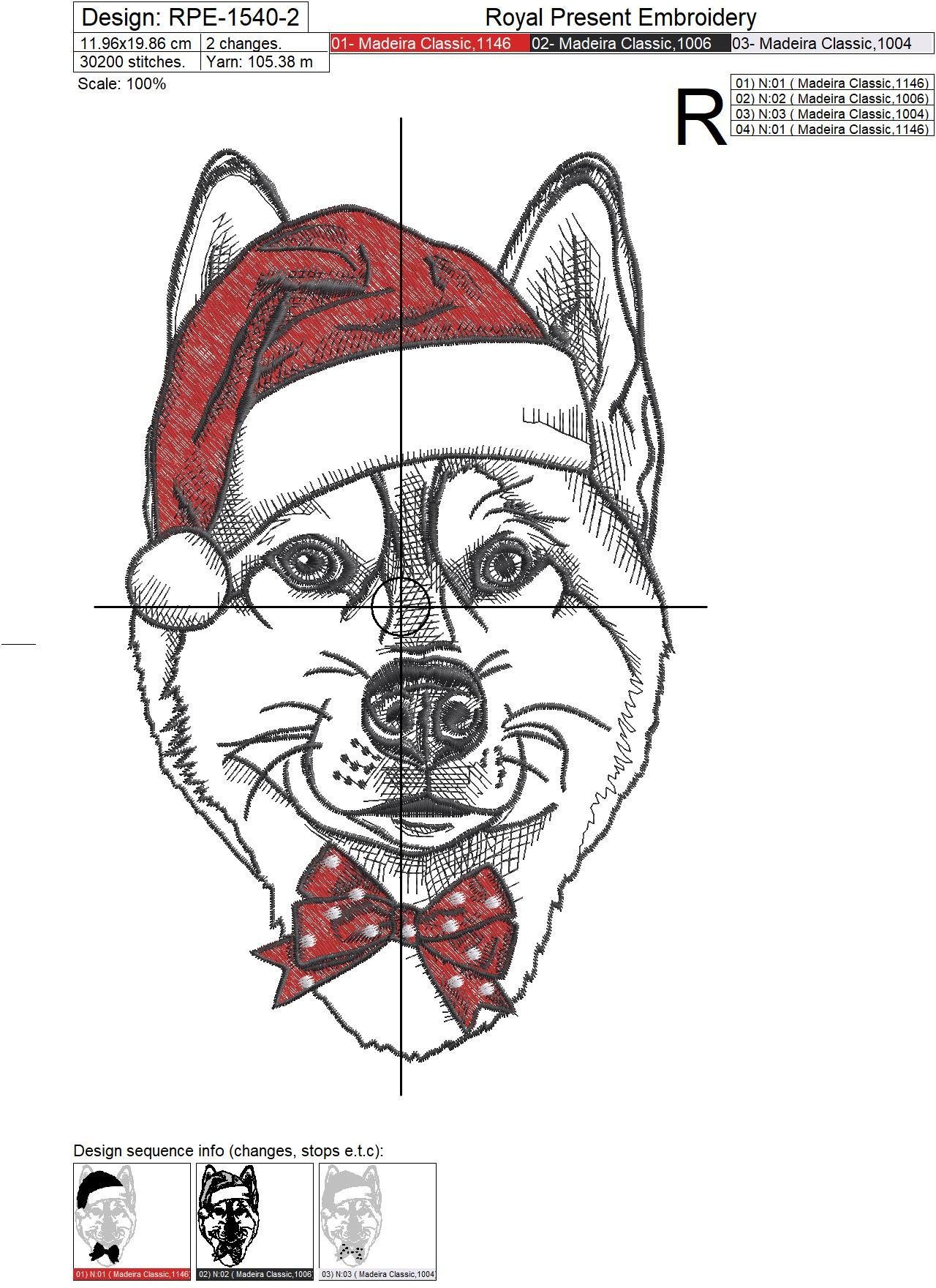 Machine Embroidery Design Christmas Husky dog - 4 sizes
