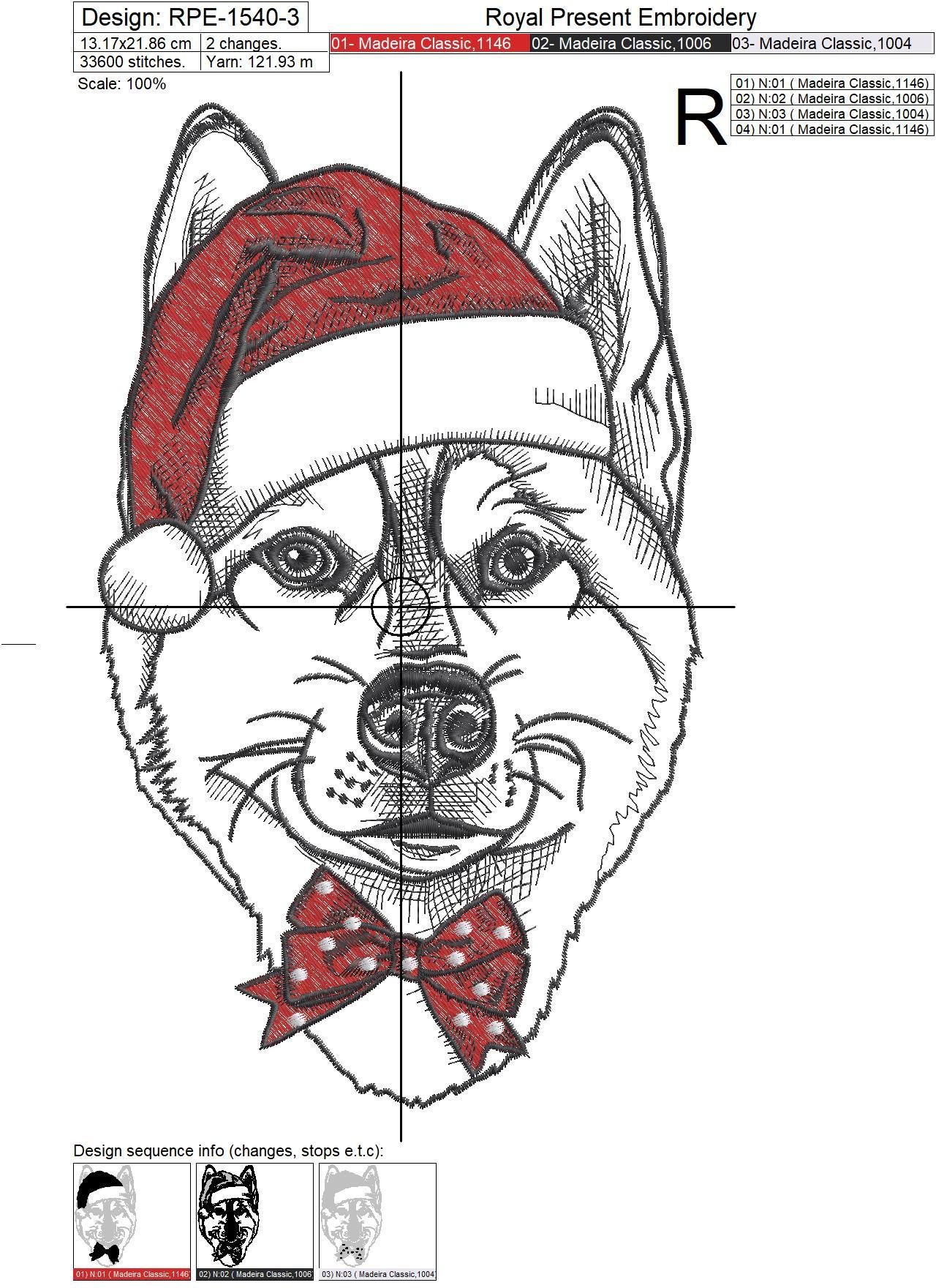 Machine Embroidery Design Christmas Husky dog - 4 sizes