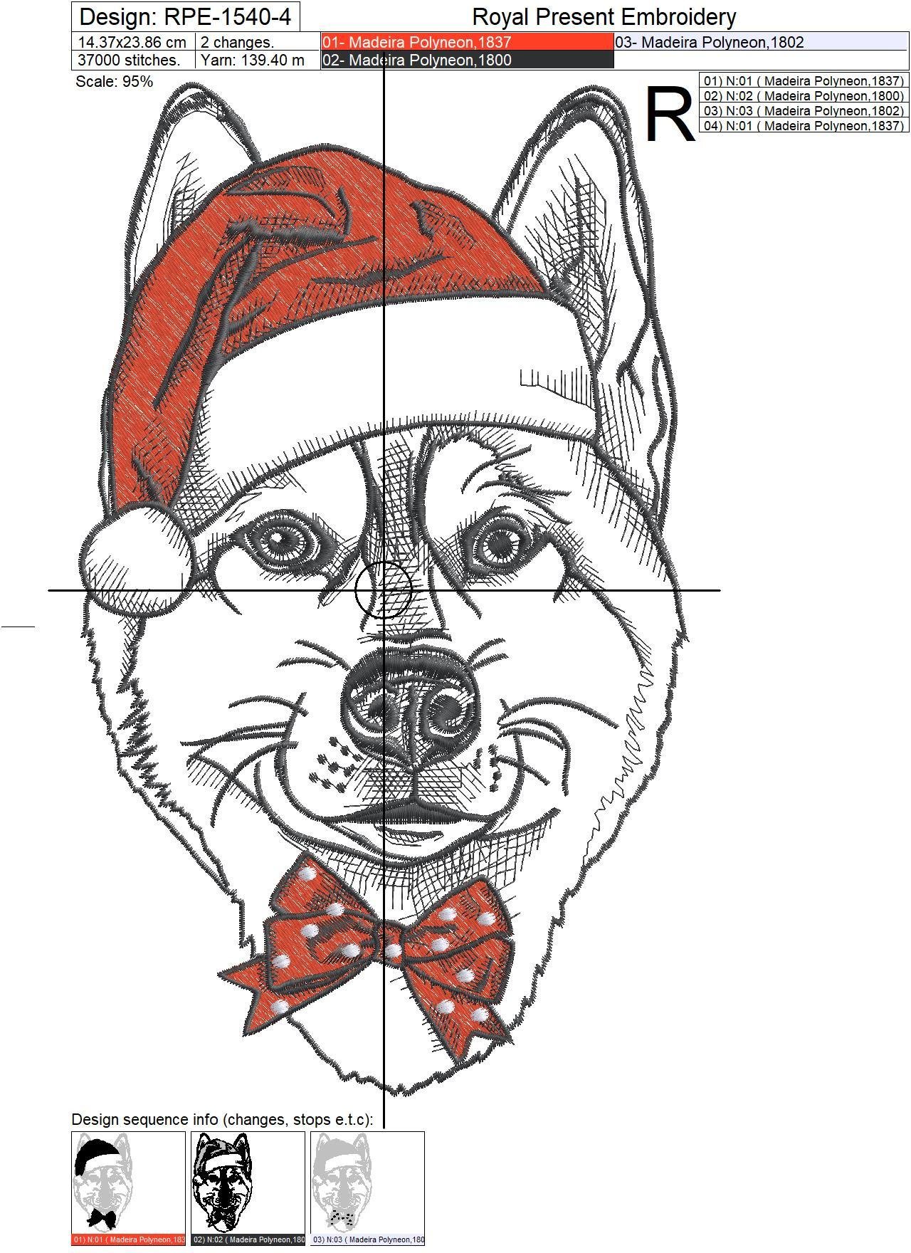 Machine Embroidery Design Christmas Husky dog - 4 sizes