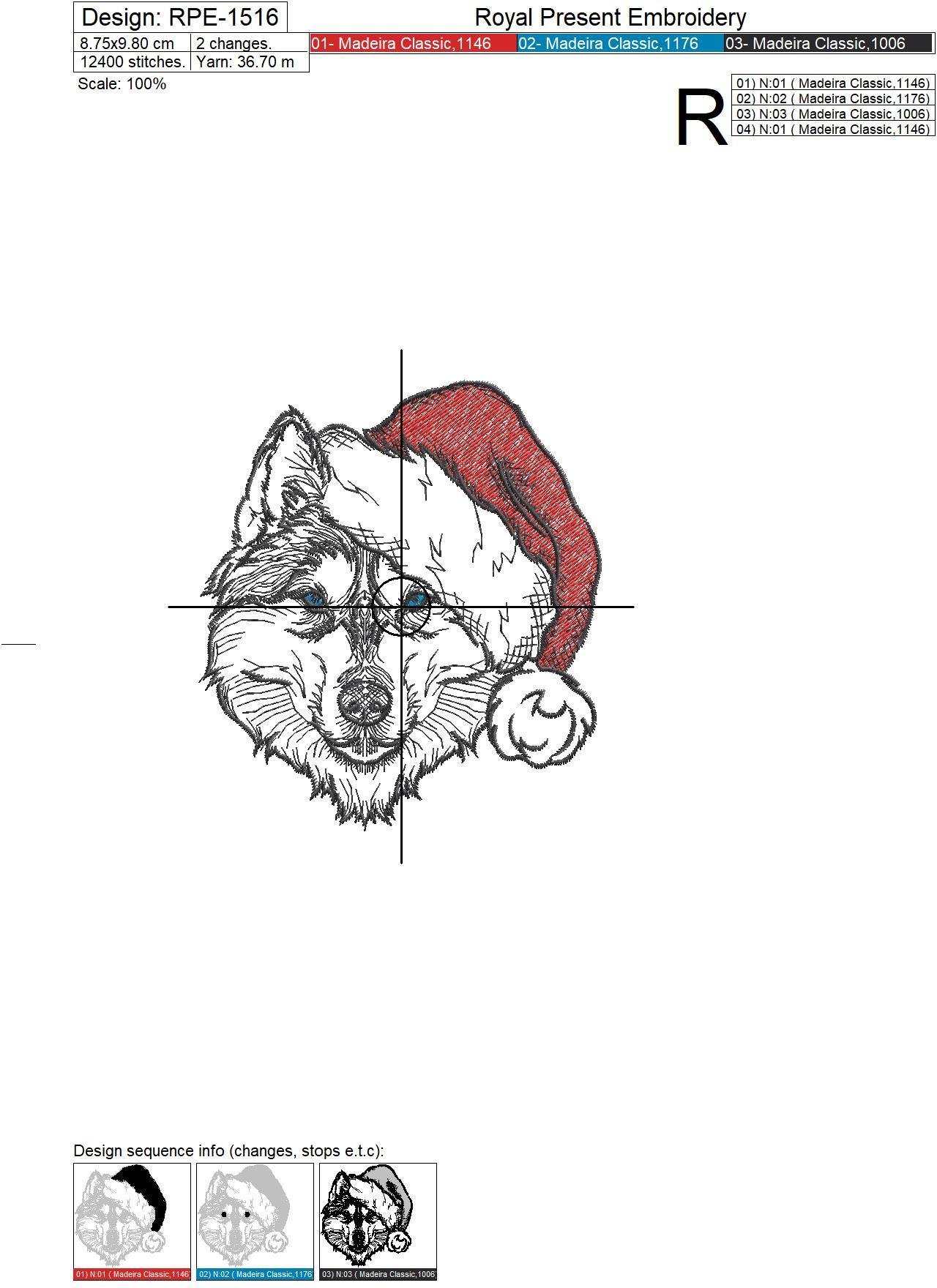 Christmas Husky dog Machine Embroidery Design - 3 sizes