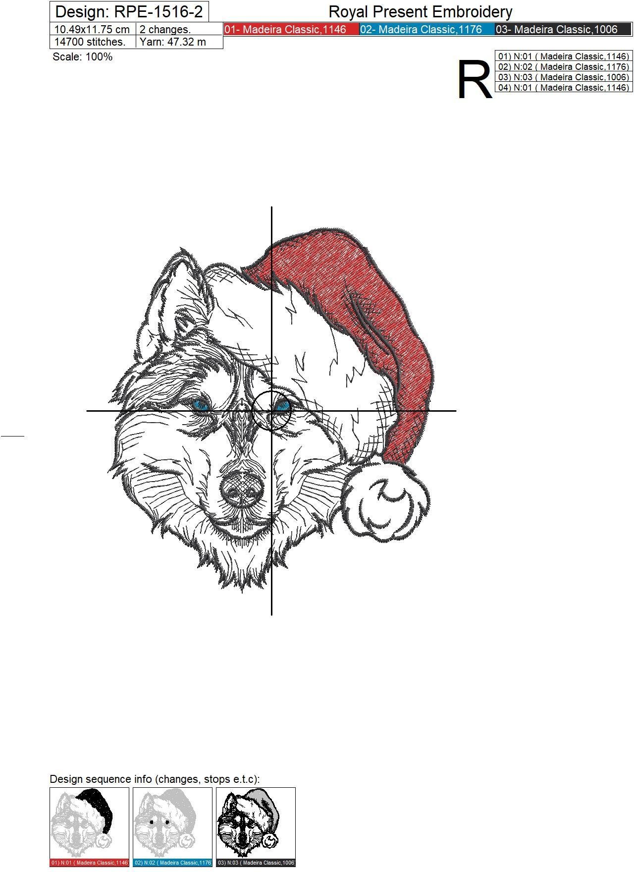 Christmas Husky dog Machine Embroidery Design - 3 sizes