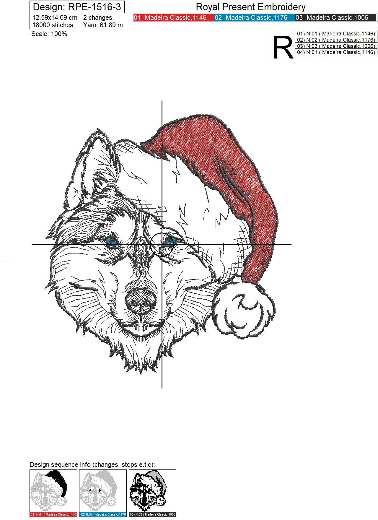 Christmas Husky dog Machine Embroidery Design - 3 sizes