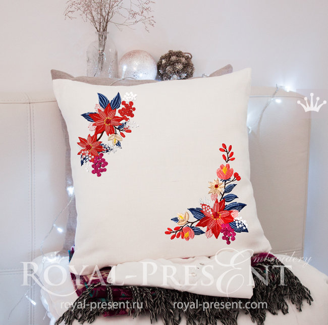 Winter Poinsettias Corners Machine Embroidery Designs - 3 sizes RPE-1572