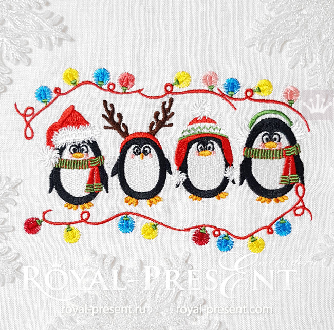 Christmas card with Penguins Machine Embroidery Design - 2 sizes RPE-1587
