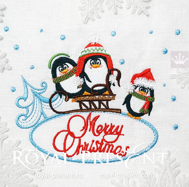 Merry Christmas card with Penguins Embroidery Design - 2 sizes RPE-1586
