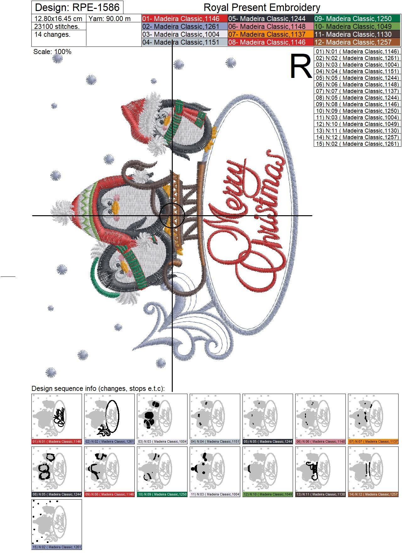 Merry Christmas card with Penguins Embroidery Design - 2 sizes