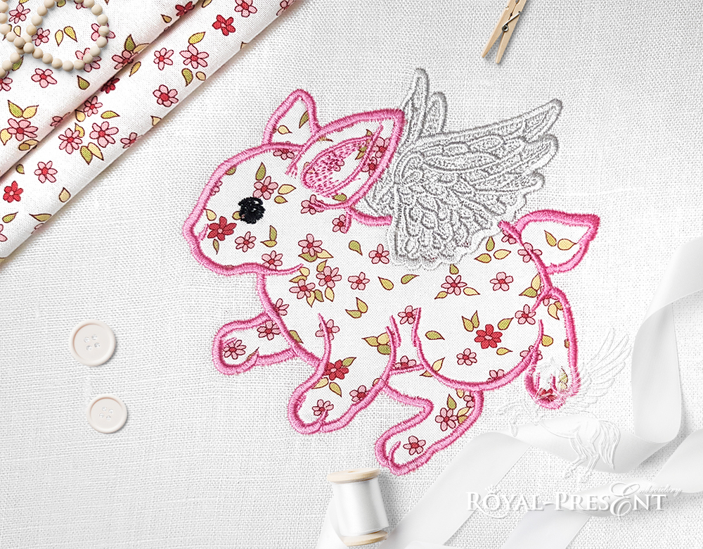 Angel flying Baby Bunny Applique Embroidery Design - 5 sizes