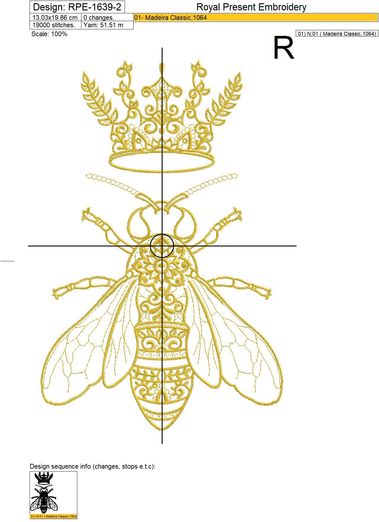 Queen Bee Embroidery Design - 5 sizes