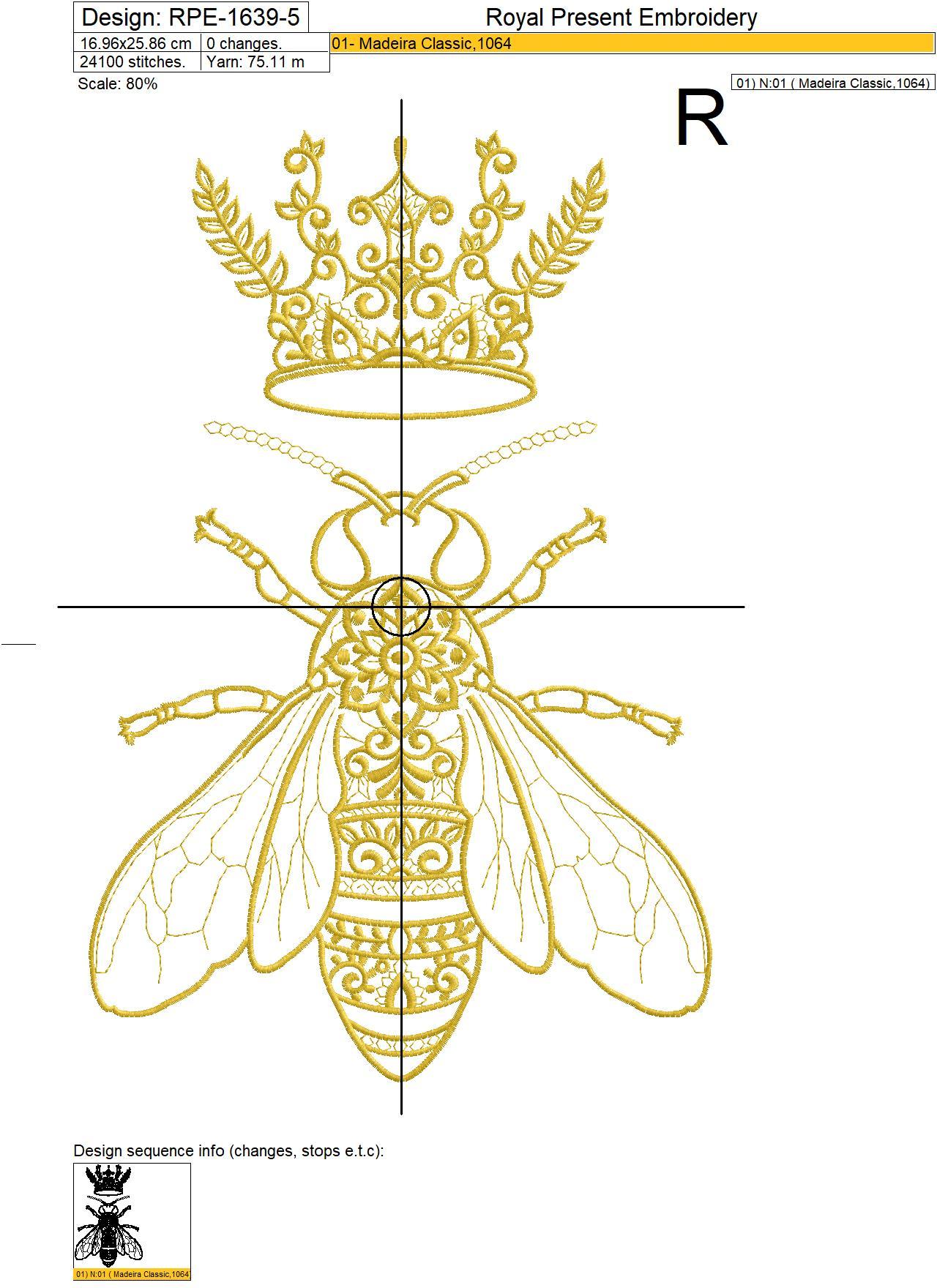 Queen Bee Embroidery Design - 5 sizes