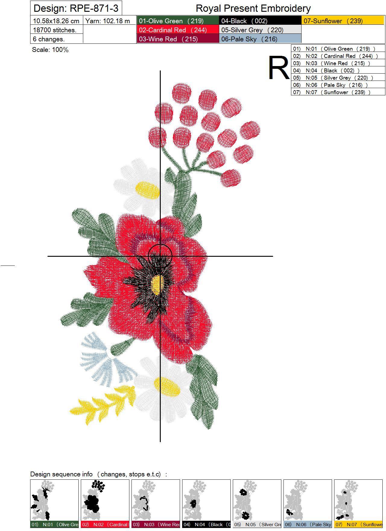 Folk Machine Embroidery Design Poppies and flowers - 3 in 1