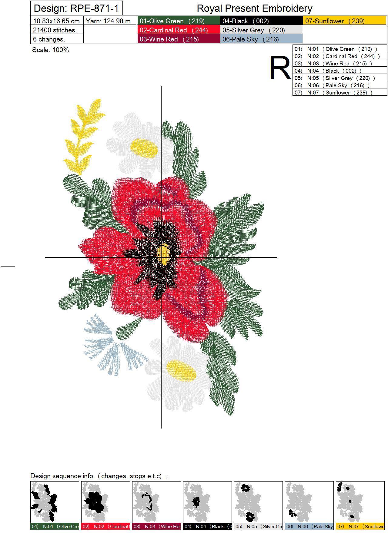 Folk Machine Embroidery Design Poppies and flowers - 3 in 1