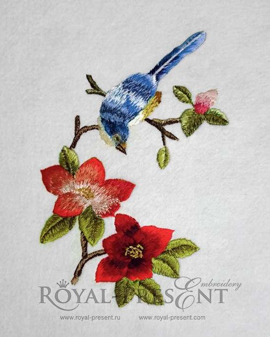 Long stitch machine embroidery design Blue Redbreast