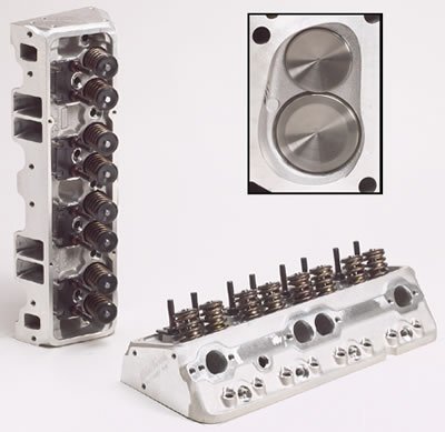 Edelbrock  Performer RPM Cylinder Heads - Single - Complete SB Chevy, 70cc combustion chambers with angled plugs, 185cc Intake port