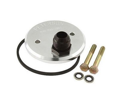 Peterson Fluid Systems  Oil Filter Block Off Plate Suit Bow-Tie SB Chev, -10 AN Male Fitting With Mounting Bolts