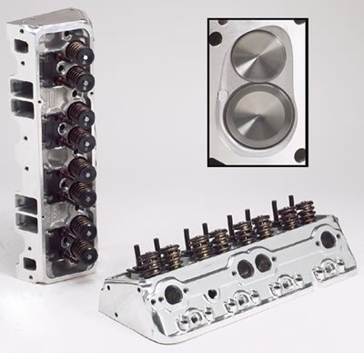 Edelbrock  Polished Performer RPM Cylinder Heads - Single - Complete SB Chevy, 70cc combustion chambers with straight plugs, 185cc Intake port