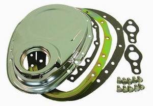 Racing Power Company  Chrome Steel 2-Piece Timing Chain Cover Fits S/B Chev 283-350, Includes Cover, Seal, Gaskets & Bolts