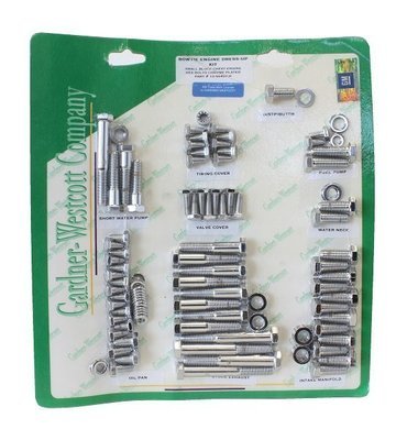 Gardener-Westcott  Polished S/S Hex Engine Dress Up Kit Suit SB Chev With Standard EXhaust Headers & Bowtie Logo