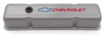 Proform  Stamped Steel Tall Valve Covers With Baffle Metalic Grey Suit SB Chev With Red Chevrolet Logo & Bowtie Emblem