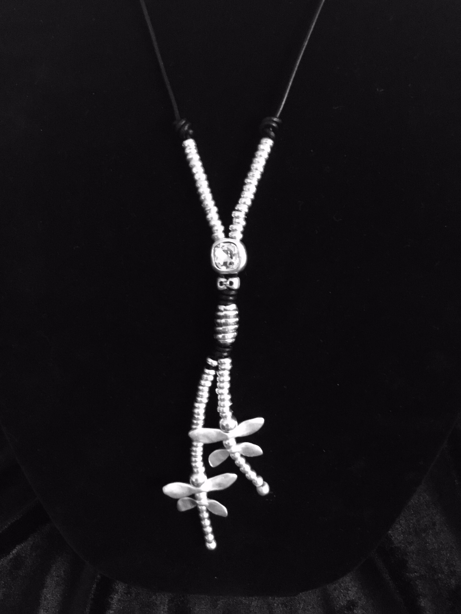 Pewter And Black Leather Handmade Crystal Dragonfly Necklace CH-NN-3136
