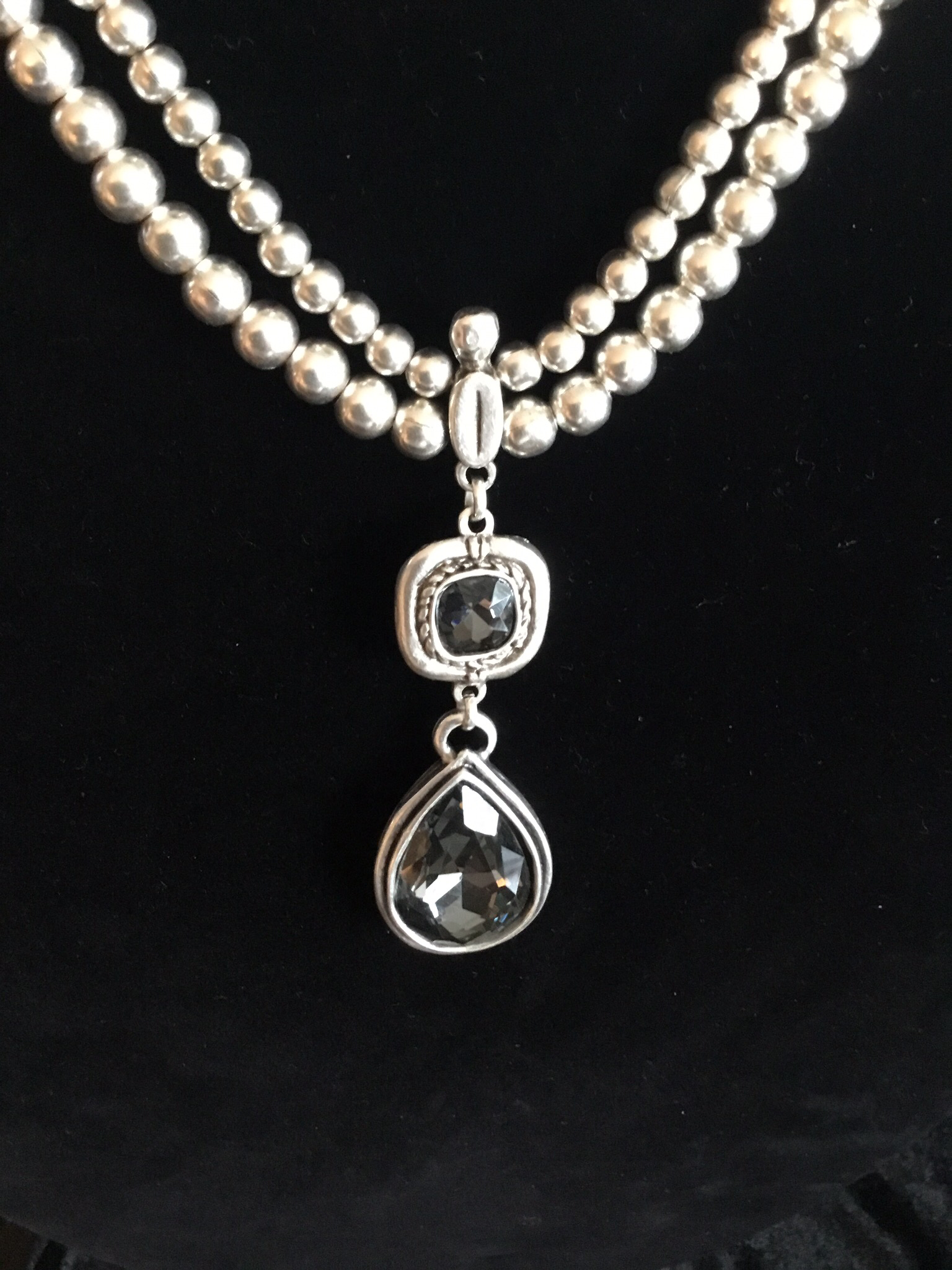 Pewter Handmade Two Strand Beaded Necklace With Smokey Crystal Pendant CH-NN-3131