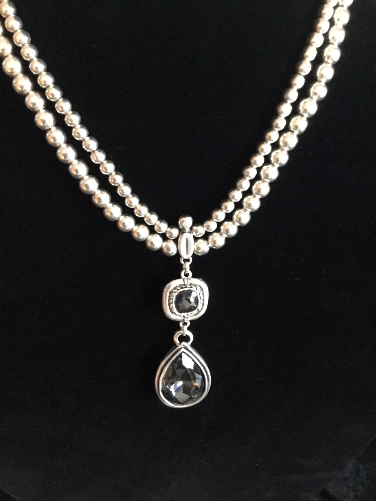 Pewter Handmade Two Strand Beaded Necklace With Smokey Crystal Pendant