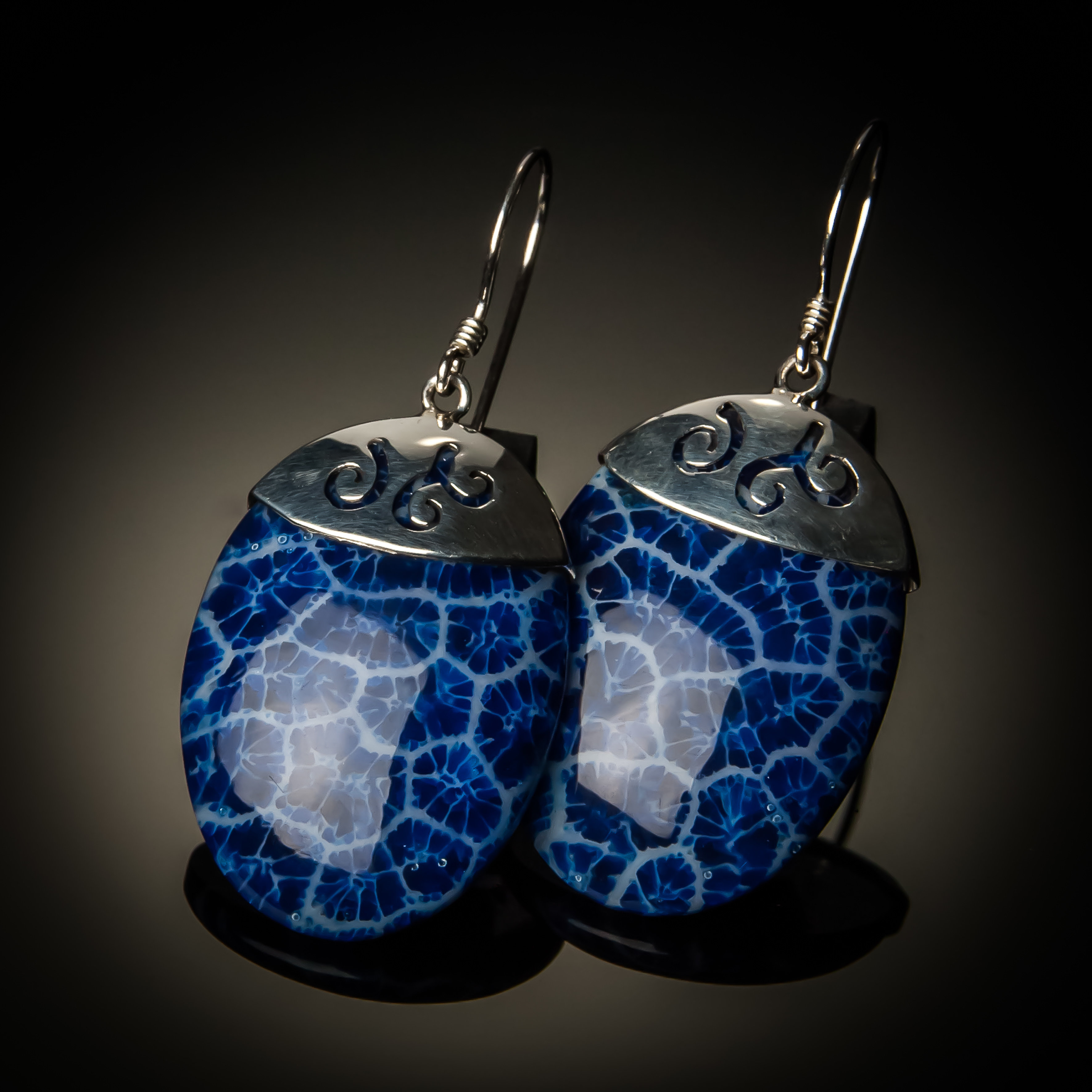 Blue Coral Oval Sterling Silver Earrings ER-PKC-21-Blue coral