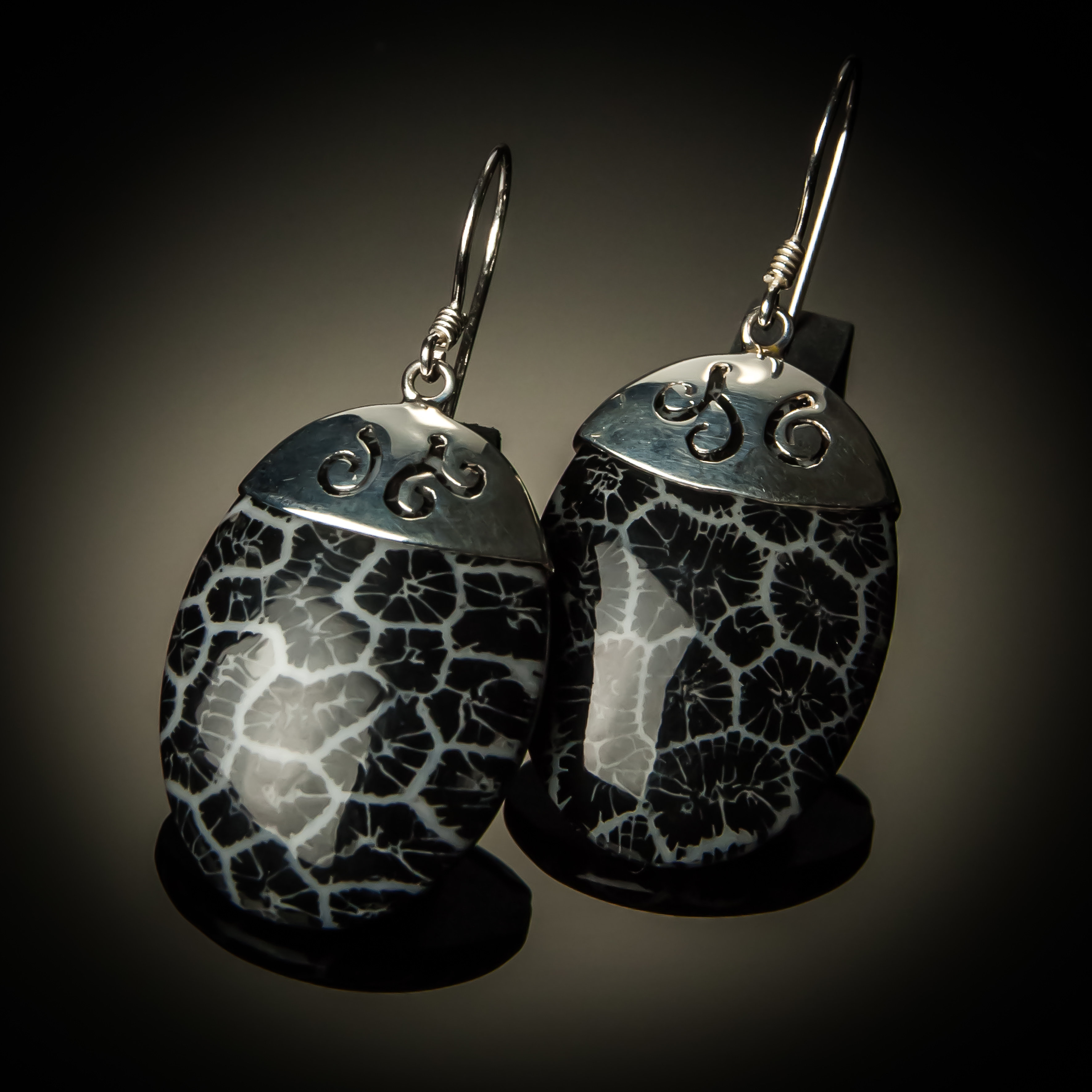 Black Coral Oval Sterling Silver Earrings PKC-21-Black coral