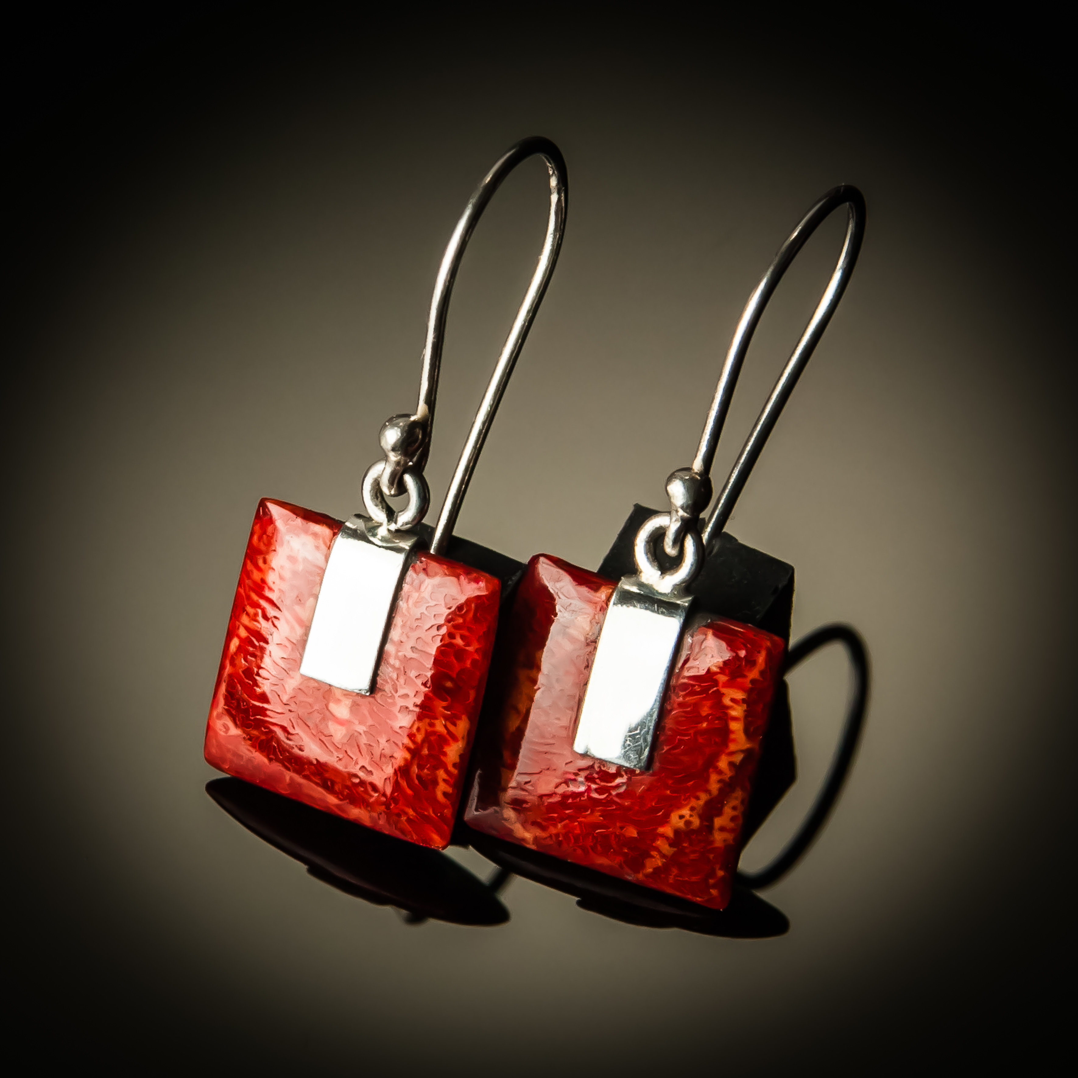 Red Coral Square Sterling Silver Earrings- Small ER-PKC-07Sm-Red coral