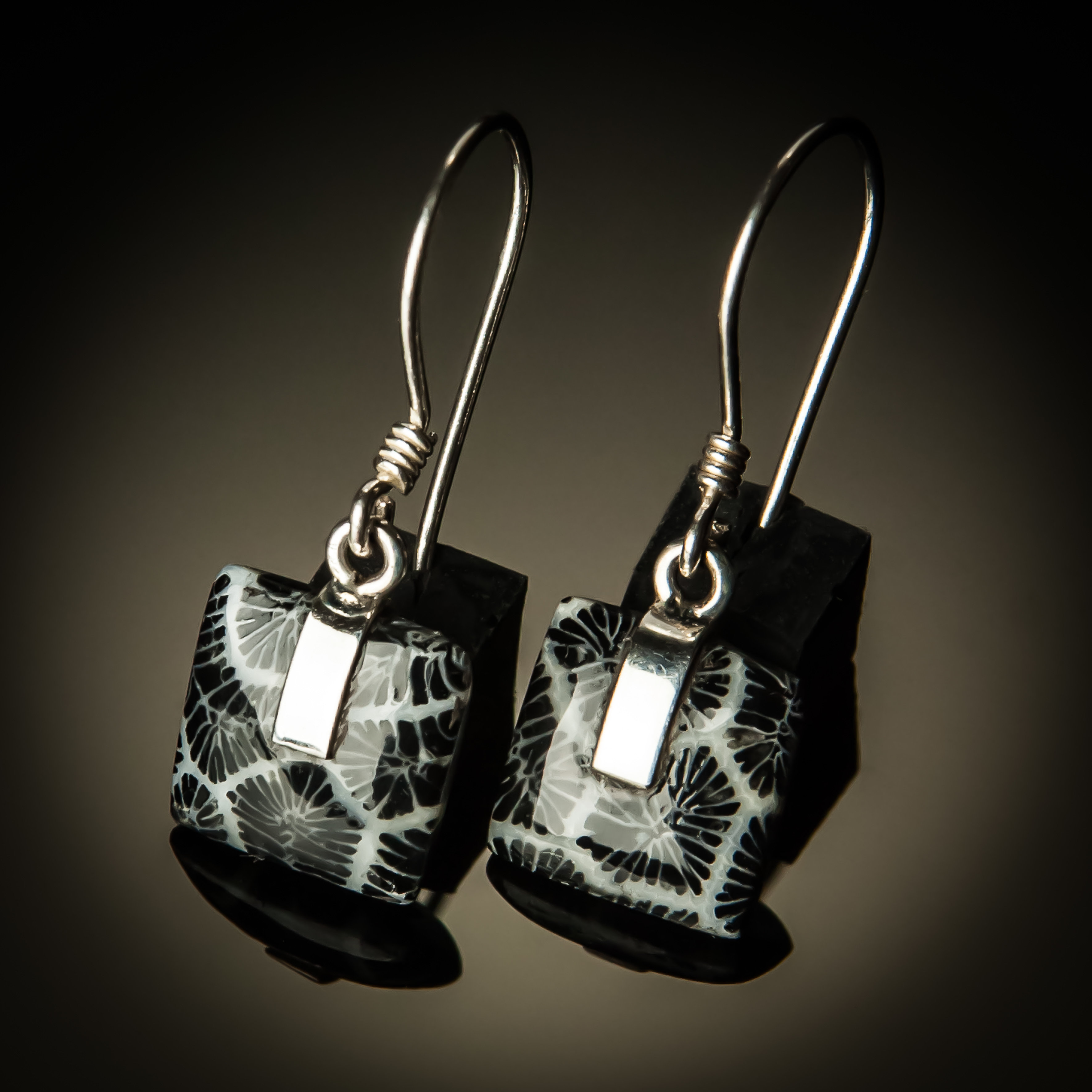Black Coral Square Sterling Silver Earrings ER-PKC-07Sm-Black coral