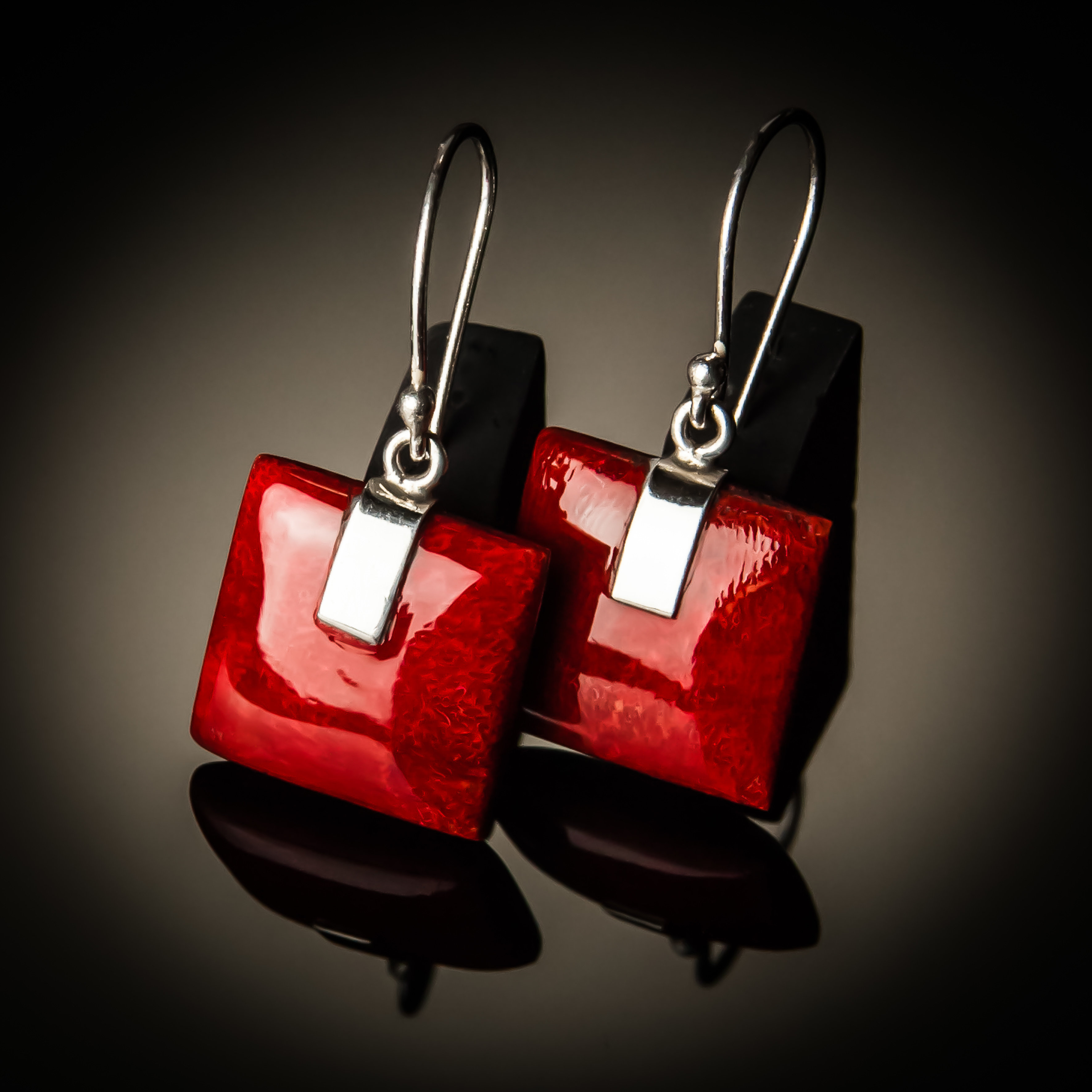 Red Coral Square Sterling Silver Earrings- Large ER-PKC-07Lg-Red coral