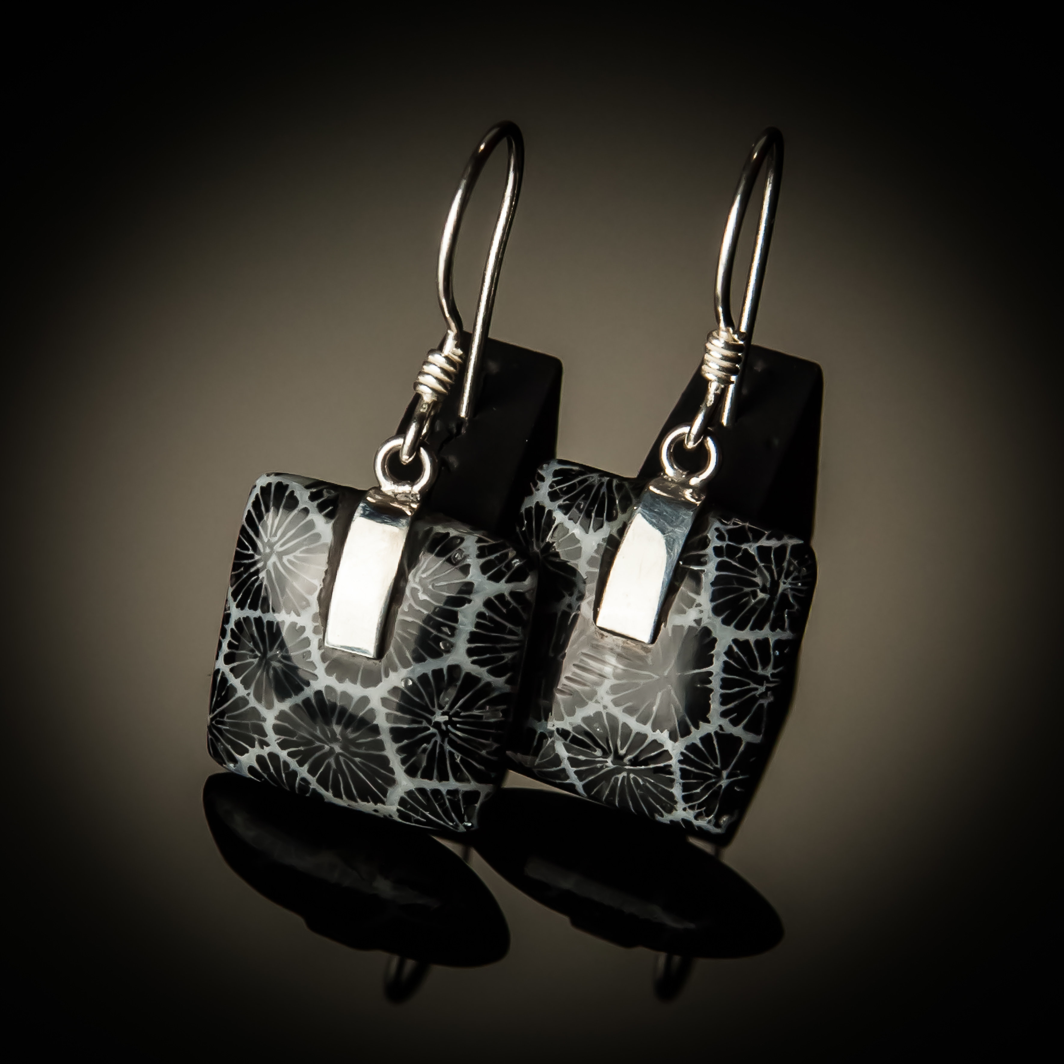 Black Coral Square Sterling Silver Earrings ER-PKC-07Lg-Black coral