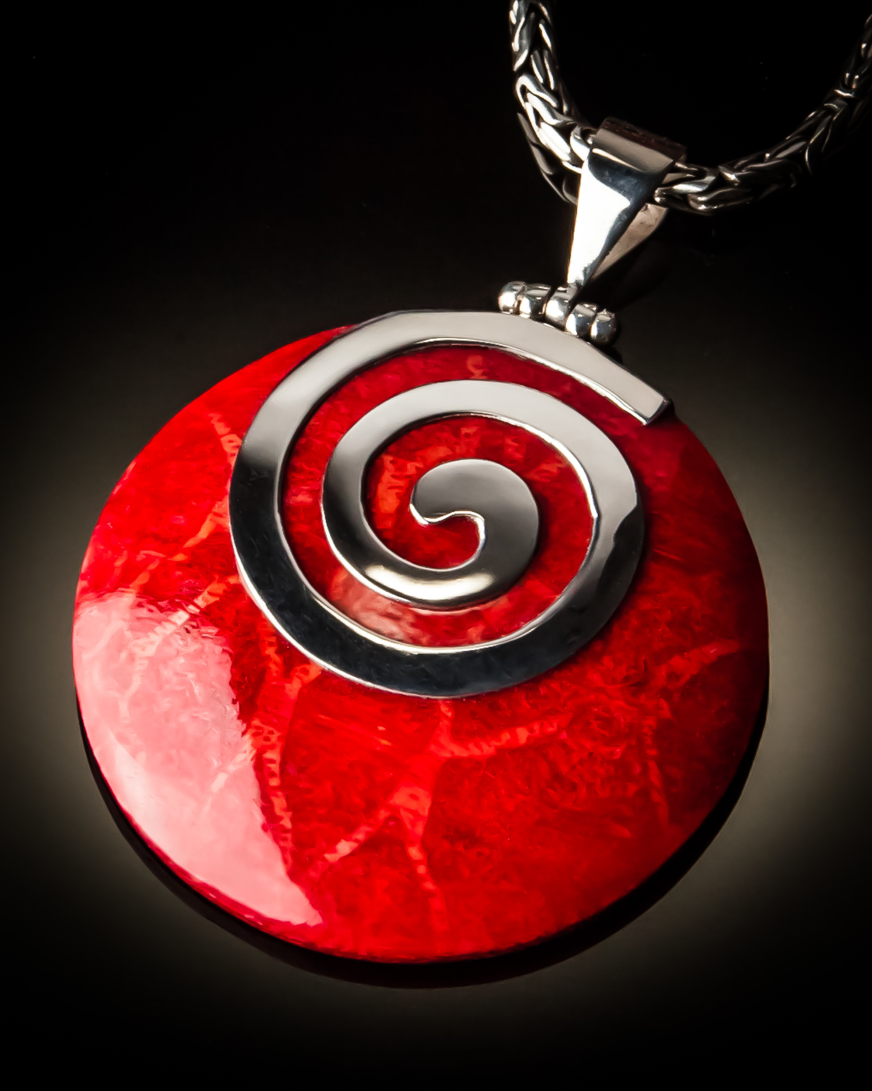 Red Coral Round Spiral Sterling Silver Pendant P-09064 Red coral