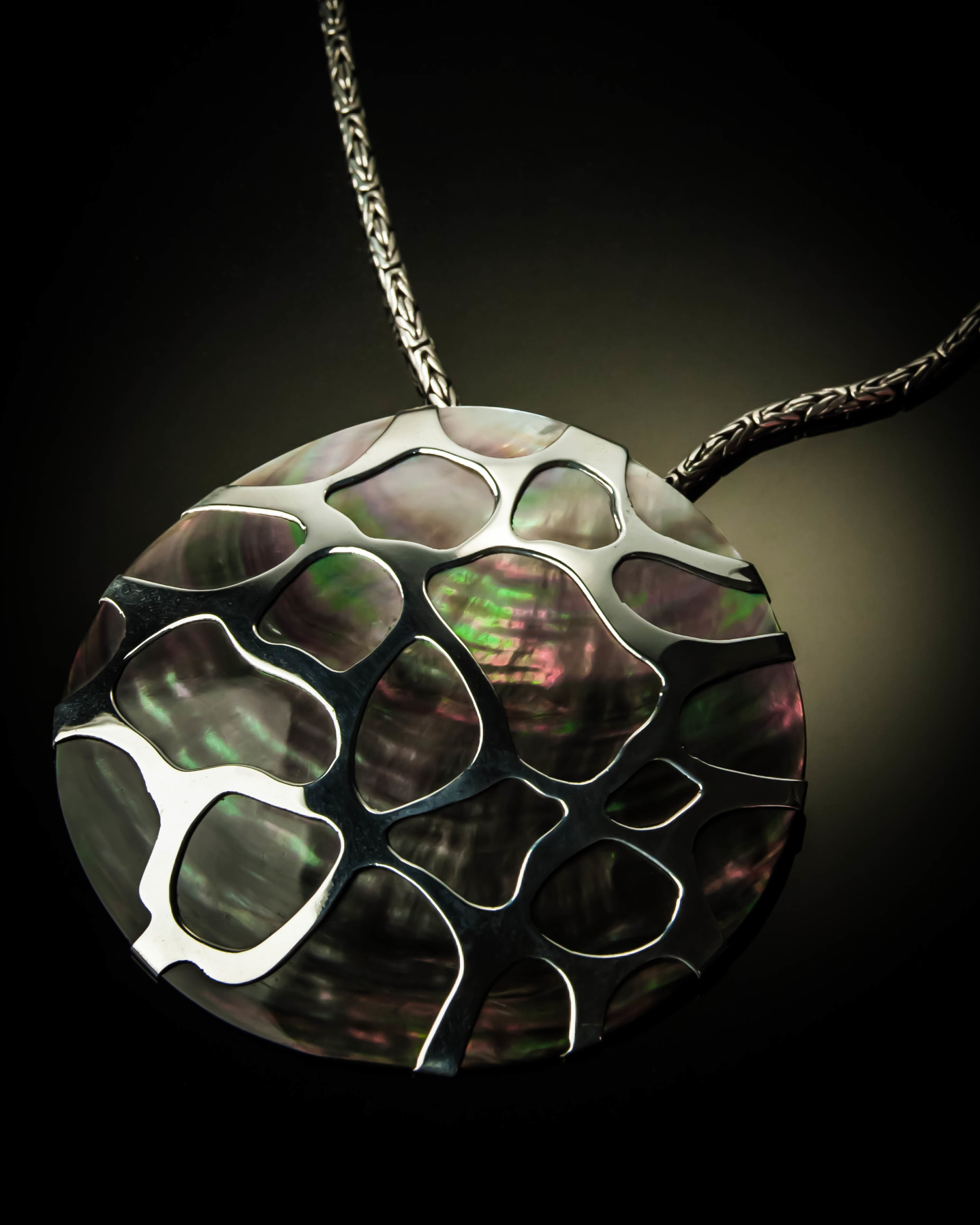 Gray Mother of Pearl XL Cobweb Sterling Silver Pendant P-08006 Exlarge
